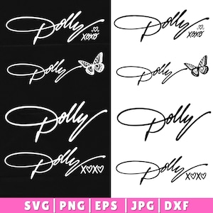 Puede incluir: Un conjunto de gráficos digitales que presenta el nombre Dolly en letra cursiva. Los diseños incluyen el nombre con xoxo y corazones, o con una mariposa. La colección se presenta en blanco sobre negro y negro sobre blanco, con los formatos de archivo SVG, PNG, EPS, JPG y DXF listados en la parte inferior.
