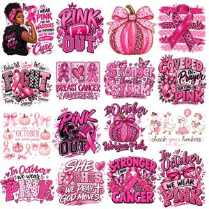 May include: A collection of pink breast cancer awareness digital designs featuring ribbons, pumpkins, footballs, boxing gloves, and geese, with motivational text including phrases like In October We Wear Pink and Stronger Than The Storm.
