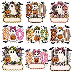 May include: A collection of nine digital illustrations featuring cartoon ghosts wearing hats, bows, and sneakers, holding jack-o'-lantern candy buckets. The designs include checkered patterns, bats, spiderwebs, and the text BOO, with blank labels for personalization.