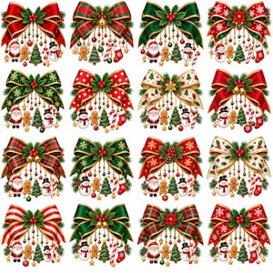 Puede incluir: Una colección de dieciséis ilustraciones digitales que presentan lazos navideños decorativos en varios patrones y colores, cada uno adornado con adornos colgantes que incluyen figuras de Santa Claus, hombres de jengibre, pinos, muñecos de nieve y bastones de caramelo.