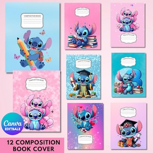 May include: A collection of twelve composition book covers featuring the blue character Stitch in various scenes, including reading, graduating, and holding a pencil. Each cover includes a white label with the text COMPOSITION BOOK.