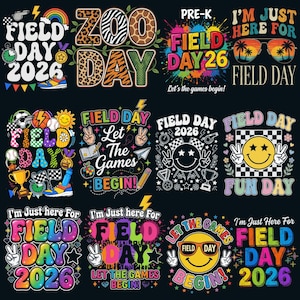 Può includere: Una collezione di grafiche colorate per eventi del Field Day. I disegni includono testi come "Field Day 2026", "Zoo Day" e "Let the Games Begin!" con varie illustrazioni come attrezzature sportive, faccine sorridenti e arcobaleni.