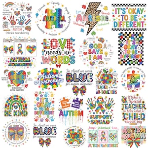 Puede incluir: Una colección de diseños gráficos coloridos con texto relacionado con la concienciación sobre el autismo. Los diseños incluyen piezas de rompecabezas, cintas, arcoíris y frases como "It's Okay to Be Different" y "Be Kind". La paleta de colores es vibrante.