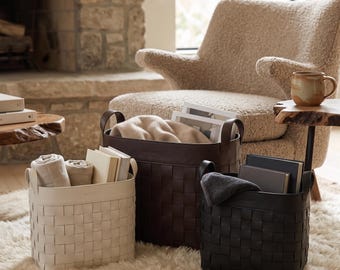 Woven Leather Storage Basket, Handcrafted Black Organizer Bin, Minimalist Home Decor
