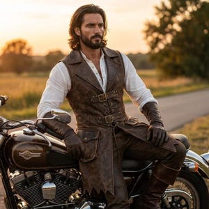 May include: A long brown leather waistcoat with front buckles and pockets worn over a white long-sleeved shirt. The waistcoat features a pointed hem, a notched collar, and is paired with matching brown leather gloves and trousers whilst on a motorcycle.