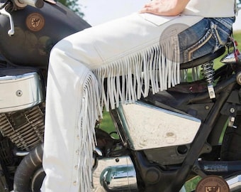 Handgemachte weiße Leder Fransen Chaps - Biker, Rodeo Stil