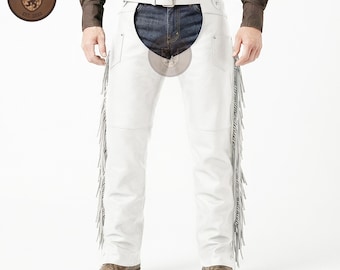 Handgemachte Weiße Leder Cowboy Chaps: Westernreitbekleidung Rodeo Weste Und Hose