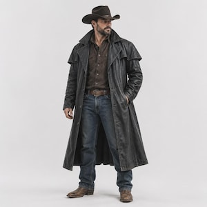 May include: A dark brown cowboy hat, a long black duster coat with a wide collar, a dark brown button-down shirt, blue denim jeans with a brown leather belt, and brown leather boots. The outfit features a rugged aesthetic with visible textures.