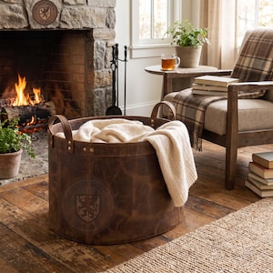 May include: A large, round, dark brown leather storage basket with two sturdy handles and brass rivets. The basket features a circular embossed logo on the front and is filled with a soft, cream-coloured knitted throw blanket.