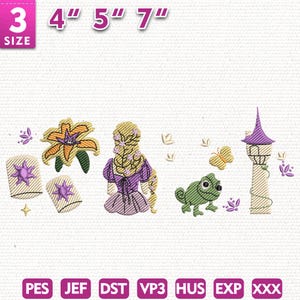 Pode incluir: Um design de bordado com elementos de conto de fadas. Inclui uma princesa, um camaleão, uma torre, lanternas e flores. O design está disponível em vários tamanhos, de 7,6 a 17,8 cm.