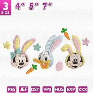 May include: Embroidered designs featuring Minnie Mouse, Donald Duck, and Mickey Mouse dressed as bunnies, with carrots and flowers. Sizes available are 3", 4", 5", and 7". The design is in pink, yellow, blue, and orange.