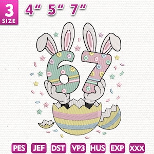 Può includere: Un disegno di ricamo a tema pasquale con i numeri 67 tenuti da mani di cartoni animati che escono da un uovo rotto. I numeri sono decorati con colori pastello e orecchie di coniglio. Include il testo "3 SIZE 4" 5" 7"".