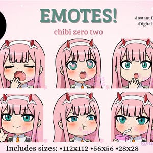 Puede incluir: Producto digital con seis emotes chibi de un personaje con cabello rosa y ojos turquesa. Los emotes muestran diversas expresiones, como bostezar, sonrojarse y beber. El texto incluye "EMOTES! chibi zero two" y "6! emotes".