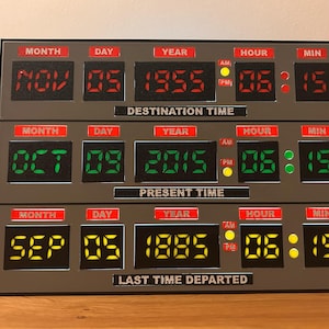 Pode incluir: Um visor cinza de viagem no tempo com leituras digitais vermelhas, verdes e amarelas. O visor mostra o mês, o dia, o ano, a hora e o minuto para o destino, o presente e a última hora de partida. O visor diz "DESTINATION TIME", "PRESENT TIME" e "LAST TIME DEPARTED".