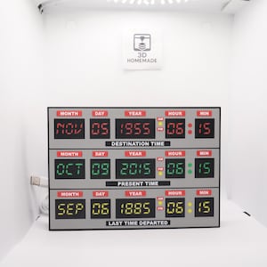 Può includere: Un dispositivo di viaggio nel tempo grigio e nero con tre display digitali che mostrano date e orari. Il dispositivo mostra ore e minuti. Le misure sono in cm.