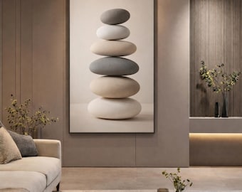 Zen Stacked Stones Wall Art Printable, Modern Minimal Abstract Stone Art, Neutral Japandi Decor, Digital Download