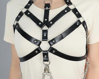 Leather Chest Harness Top, Elegant Woman Outfit