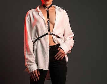 Black Leather Chest Harness Top, Woman Outfit