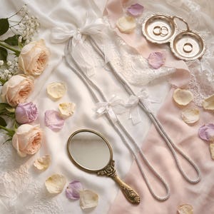 May include: A romantic arrangement featuring wedding accessories on a white and pink satin surface. Includes a vintage hand mirror, ring dishes with rings, and decorative cords with white bows. Scattered rose petals and roses complete the scene.