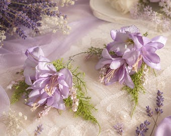 Bridal Floral Hair Pins Set, Purple Lily Ribbon Headpiece, Garden Fairy Wedding Hair Accessory, Bride Gift