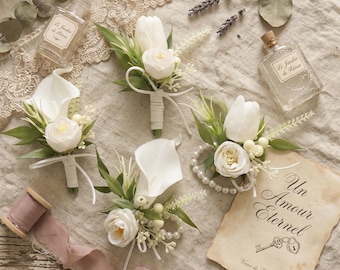 White Rose Tulip Calla Lily Boutonniere & Wrist Corsage Set, Garden Wedding Flowers, Newlywed Gift