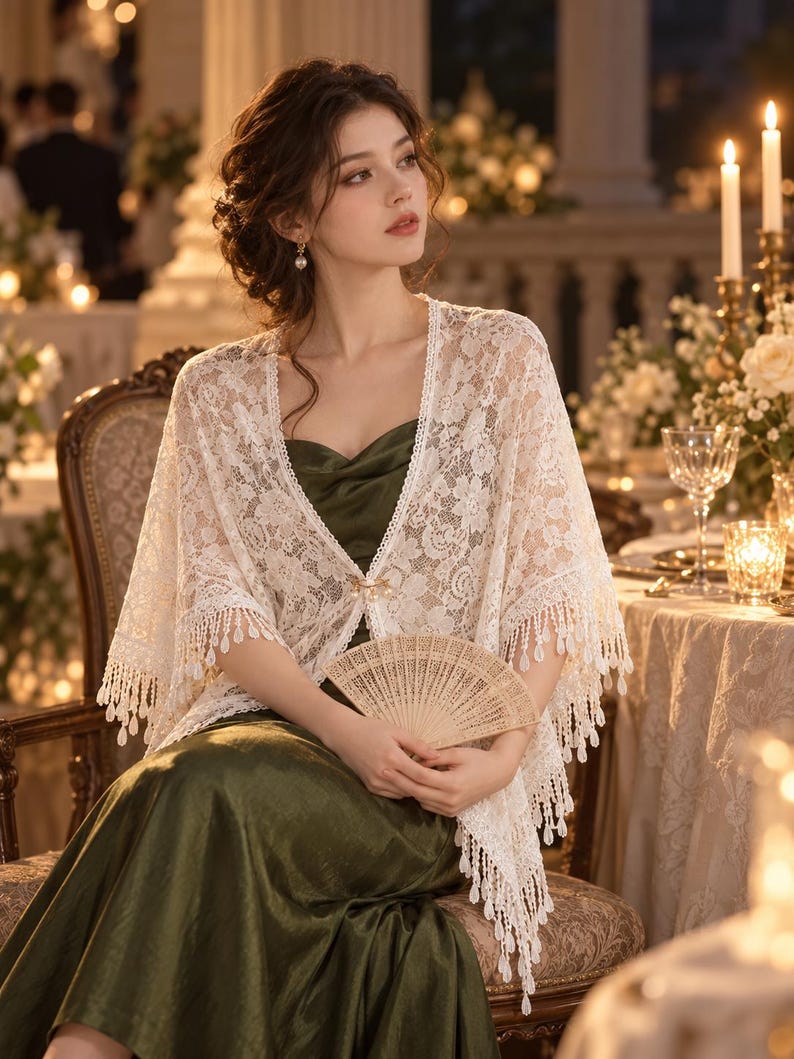 Floral Lace Wedding Guest Shawl & Fringe Wrap – Vintage Autumn Bridal ...