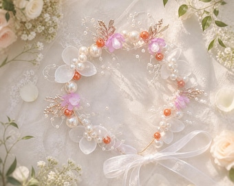 Corona de niña de las flores para boda en el prado, tocado nupcial de flores silvestres, corona de perlas para el cabello, accesorio para el cabello para boda en el jardín