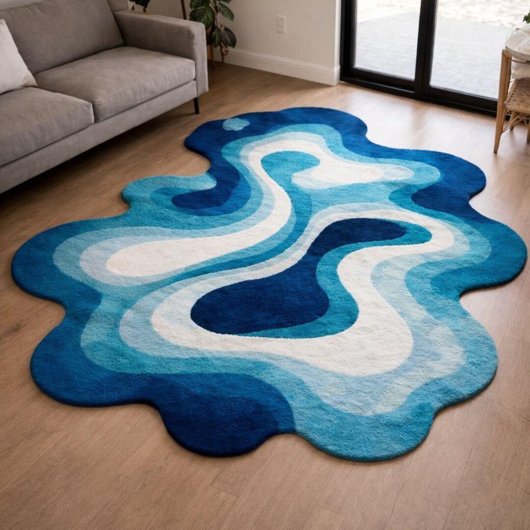Fluid Art Blue Rug, Marble Flow Carpet, Hand Tufted Wool, Modern ...