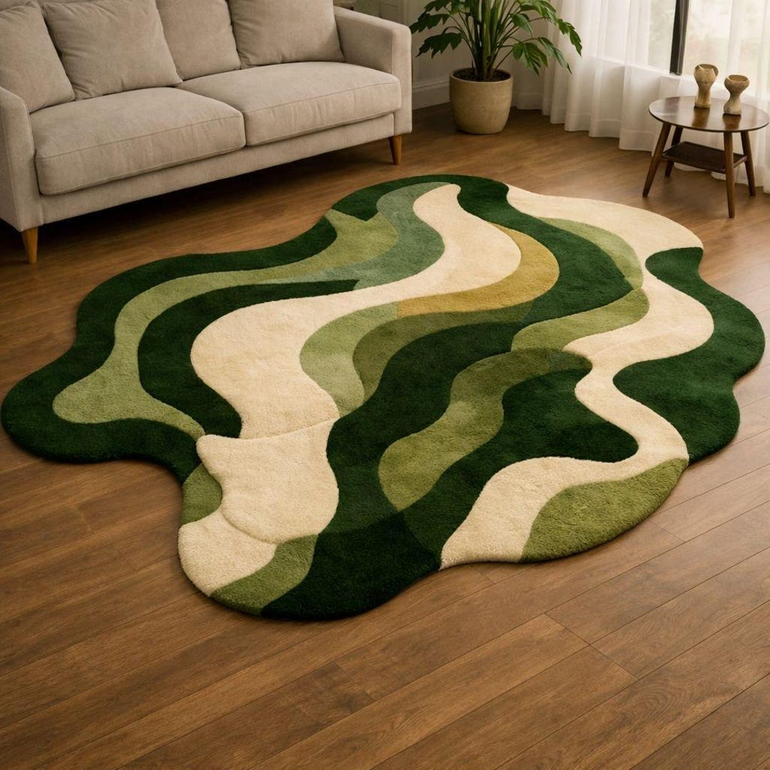 Patterned Green Rug Abstract Design Green Abstract Wool Rug, Irregular Flow Design, Hand Tufted Area Rug - Etsy