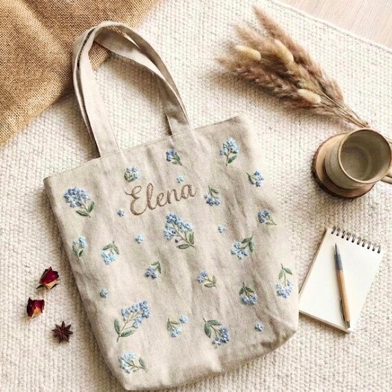 Personalized Floral Linen Tote Bag, Hand Embroidered Eco-Friendly Reusable Shopping Bag, Custom Name Gift for Her