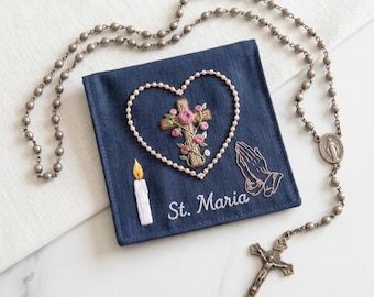 Bolsita de lino para rosario bordada a mano, bolsa para rosario bordada a medida, bolsa de oración católica, estuche de devoción personalizado