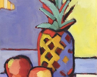 Rendered Impressions Original Small Paintings The Pineapple Motif Abstract Still Life Oil Painting on Canvas