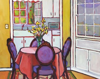 Interior Landscape Oil Painting, Original, 20x16, Dining Room, Stretched Canvas, Yellow, Painting by Rendered Impressions