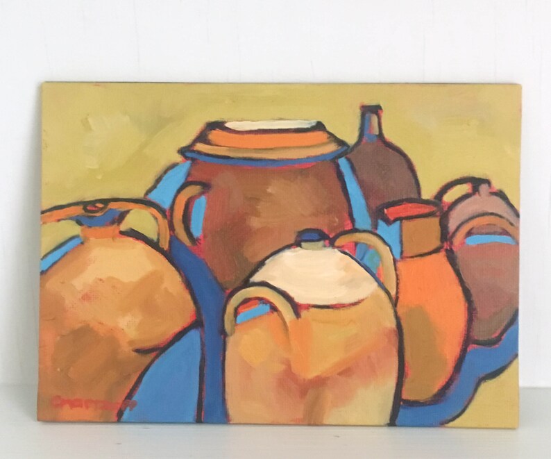 Expressionist Oil Painting Wall Art Rendered Impressions Colorful Still Life Original Clay Vessels