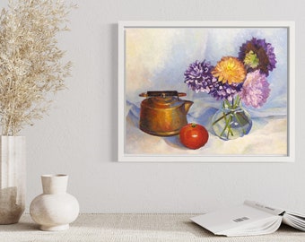 Floral Still Life, Colorful, Dahlia's, Oil Painting, Impressionist, Painting on Canvas, Original Wall Art, Rendered Impressions