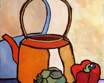 Artichoke and Red Pepper, Original Still Life Painting in Oils, Contemporary, Colorful Art by Rendered Impressions