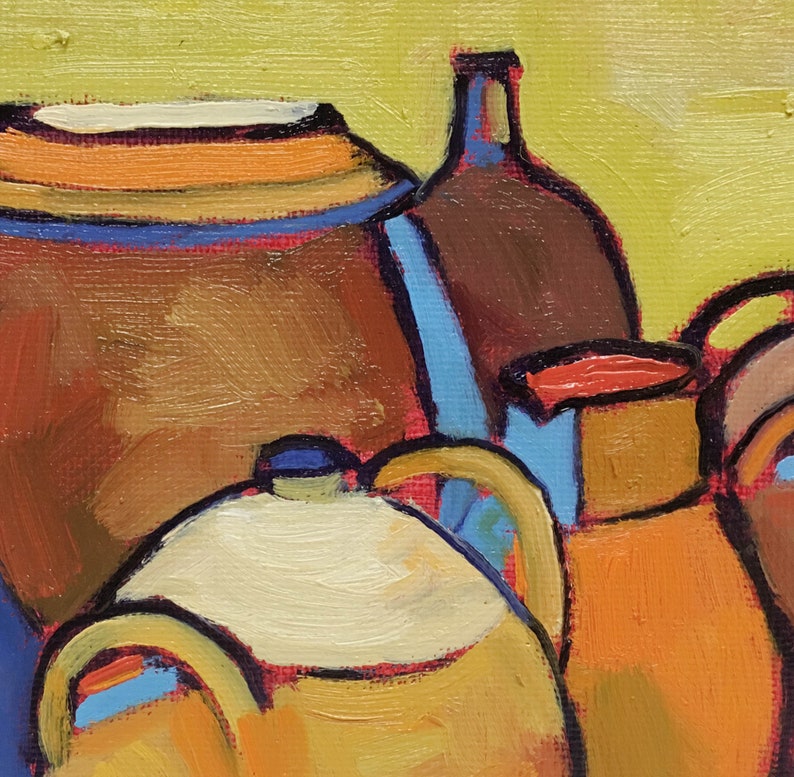 Expressionist Oil Painting Wall Art Rendered Impressions Colorful Still Life Original Clay Vessels