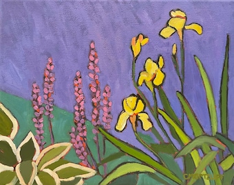 Blossoms, Oil Painting, Original, Landscape Painting on Canvas, Purple, Yellow Iris, Horizontal, Vibrant, Exciting, Rendered Impressions