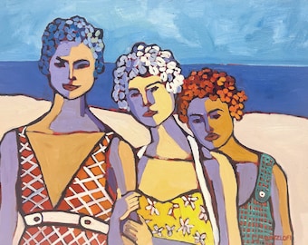 Beach Girls, Colorful Original Oil Painting, Bathroom Walls, Summer, Oceanside Art, Friendship, Wall Art, Whimsical, Rendered Impressions