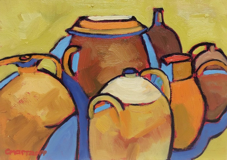 Expressionist Oil Painting Wall Art Rendered Impressions Colorful Still Life Original Clay Vessels