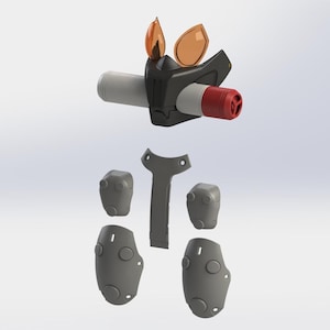 Puede incluir: Un dispositivo futurista desmontado, con un cañón gris y rojo, detalles en negro y elementos teñidos de naranja. Incluye varios componentes grises, lo que sugiere un diseño modular. La estética general es mecánica y estilizada.