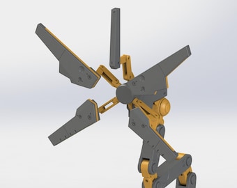 May include: A mechanical device with a central hub and multiple articulated arms. The arms are primarily gray with yellow accents, featuring a geometric design. The device appears to be a 3D rendering or a model, possibly for engineering or design purposes.