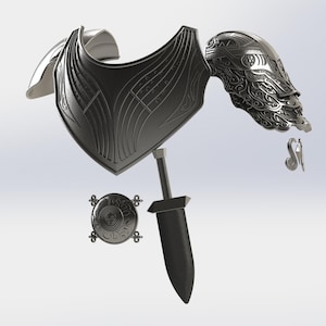 Puede incluir: Un conjunto de armadura de fantasía de color plateado detallado, que incluye una coraza, protectores de hombros y un pequeño escudo con una espada. La armadura tiene intrincados diseños grabados y se presenta sobre un fondo liso. El conjunto parece ser una representación 3D.