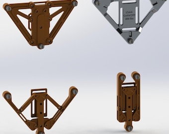 May include: Four views of a brown and silver metal mechanical device. One silver piece has "LOAD CAPACITY 200 lbs" printed on it. The brown pieces have a triangular shape with multiple joints and bolts. The device appears to be designed for lifting or supporting weight.
