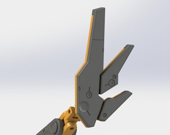 May include: A mechanical device with a gray and yellow color scheme. The device has multiple articulated sections, with a claw-like end. The design features a combination of angular and rounded shapes, with visible mechanical details.