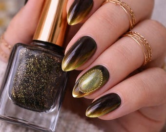 Olive Gold Cat Eye Press On Nails – Almond Shape Ombre Magnetic Reusable False Nails