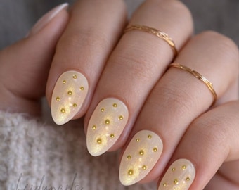 Almond Press On Nails | Champagne Shimmer with Gold Studs