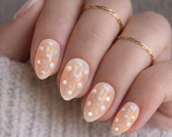Gold Shimmer Press On. with White Dots | Nude Almond Glitter| Cute Minimalist Polka Dot Nails | Handmade Custom Set