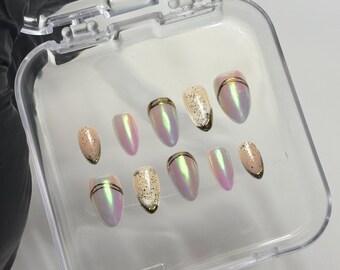 Aurora Chrome Almond Nails | Gold French Tip, Iridescent Korean Style