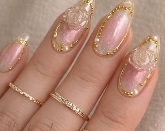 Korean Press On Nails – Blush Pearl Almond with Gold Roses (Bridal Set)